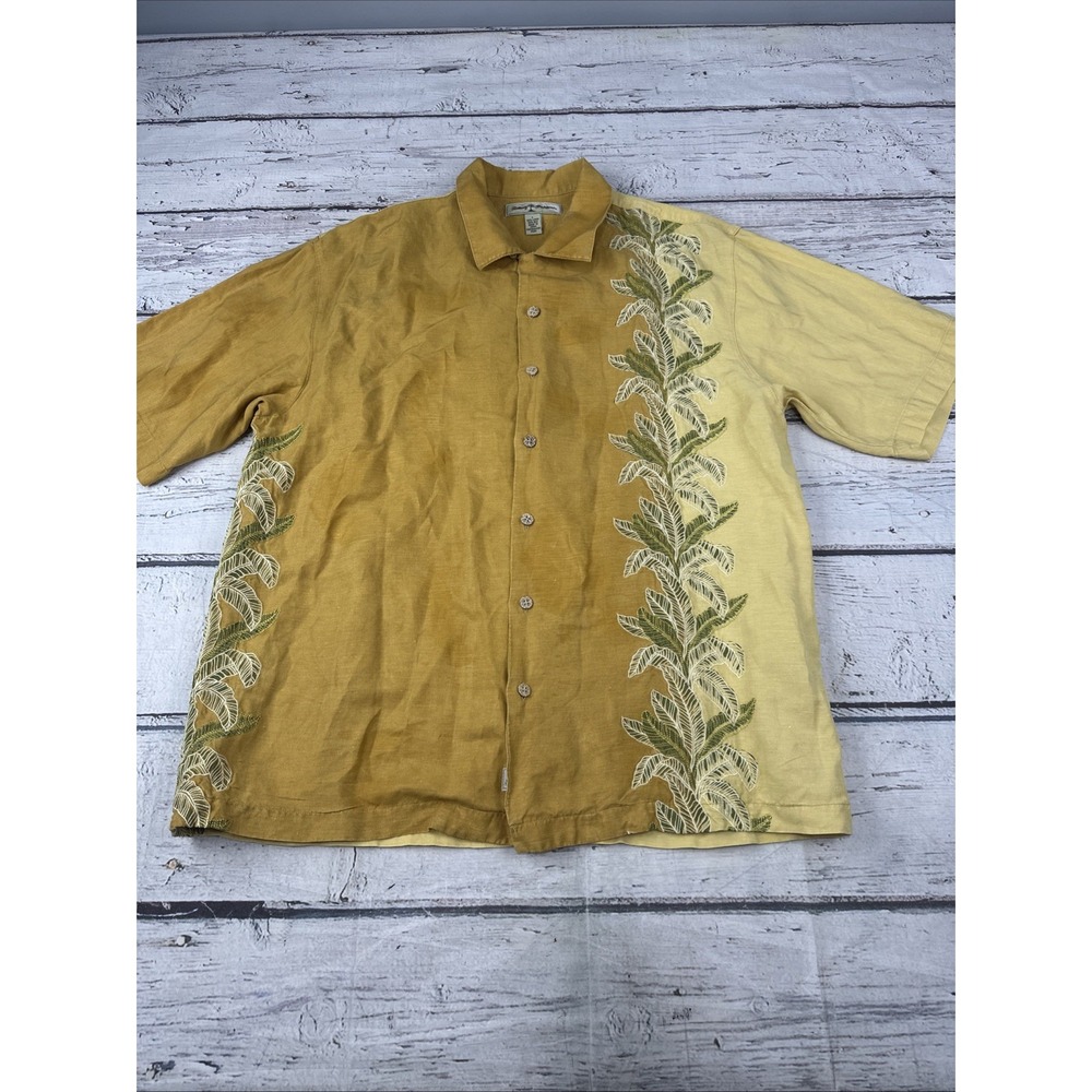 Tommy Bahama Shirt Mens L Yellow Linen Silk Embroidered Leaf Button Up Camp
